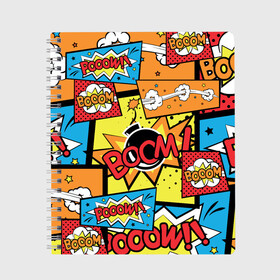 Тетрадь с принтом Boom Pop Art в Кировске, 100% бумага | 48 листов, плотность листов — 60 г/м2, плотность картонной обложки — 250 г/м2. Листы скреплены сбоку удобной пружинной спиралью. Уголки страниц и обложки скругленные. Цвет линий — светло-серый
 | pop art | style | безумство | комикс | лейблы | микс | поп арт | яркие | яркое | яркости