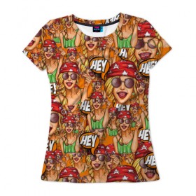 Женская футболка 3D с принтом HEY Pop art в Кировске, 100% полиэфир ( синтетическое хлопкоподобное полотно) | прямой крой, круглый вырез горловины, длина до линии бедер | pop art | style | безумство | комикс | лейблы | микс | поп арт | яркие | яркое | яркости