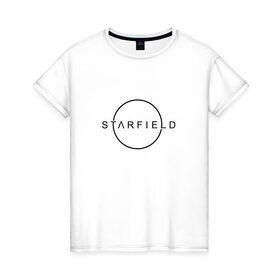 Женская футболка хлопок с принтом STARFIELD в Кировске, 100% хлопок | прямой крой, круглый вырез горловины, длина до линии бедер, слегка спущенное плечо | 2019 | 2020 | bethesda | logo | starfield | звезды | игра | логотип | старфиелд