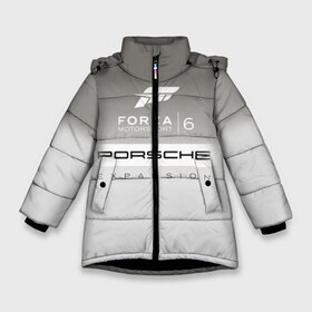 Зимняя куртка для девочек 3D с принтом Forza Motorsport 6 в Кировске, ткань верха — 100% полиэстер; подклад — 100% полиэстер, утеплитель — 100% полиэстер. | длина ниже бедра, удлиненная спинка, воротник стойка и отстегивающийся капюшон. Есть боковые карманы с листочкой на кнопках, утяжки по низу изделия и внутренний карман на молнии. 

Предусмотрены светоотражающий принт на спинке, радужный светоотражающий элемент на пуллере молнии и на резинке для утяжки. | gear | top | авангард | вип | гонки | машина | офф | порше | сиквел | сила | скорость | спин
