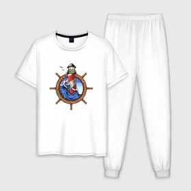 Мужская пижама хлопок с принтом Маяк в Кировске, 100% хлопок | брюки и футболка прямого кроя, без карманов, на брюках мягкая резинка на поясе и по низу штанин
 | капитан | летние | летняя | лето | маяк | море | морские | моряк | океан | руль