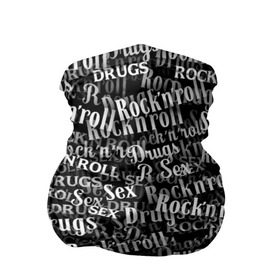 Бандана-труба 3D с принтом Sex, Drugs & Rock`n`Roll в Кировске, 100% полиэстер, ткань с особыми свойствами — Activecool | плотность 150‒180 г/м2; хорошо тянется, но сохраняет форму | jack daniel’s | белый | паттерн | рок | рок н ролл | рокнролл | текст | черный