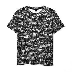 Мужская футболка 3D с принтом Sex, Drugs & Rock`n`Roll в Кировске, 100% полиэфир | прямой крой, круглый вырез горловины, длина до линии бедер | jack daniel’s | белый | паттерн | рок | рок н ролл | рокнролл | текст | черный
