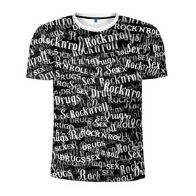 Мужская футболка 3D спортивная с принтом Sex, Drugs & Rock`n`Roll в Кировске, 100% полиэстер с улучшенными характеристиками | приталенный силуэт, круглая горловина, широкие плечи, сужается к линии бедра | jack daniel’s | белый | паттерн | рок | рок н ролл | рокнролл | текст | черный