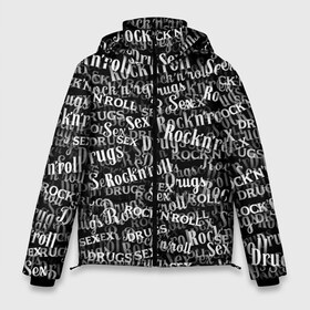 Мужская зимняя куртка 3D с принтом Sex Drugs & RocknRoll в Кировске, верх — 100% полиэстер; подкладка — 100% полиэстер; утеплитель — 100% полиэстер | длина ниже бедра, свободный силуэт Оверсайз. Есть воротник-стойка, отстегивающийся капюшон и ветрозащитная планка. 

Боковые карманы с листочкой на кнопках и внутренний карман на молнии. | jack daniel’s | белый | паттерн | рок | рок н ролл | рокнролл | текст | черный