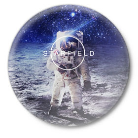Значок с принтом STARFIELD в Кировске,  металл | круглая форма, металлическая застежка в виде булавки | 2019 | 2020 | bethesda | logo | space | starfield | звезды | игра | космонавт | космос | логотип | старфиелд