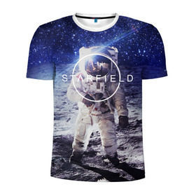 Мужская футболка 3D спортивная с принтом STARFIELD в Кировске, 100% полиэстер с улучшенными характеристиками | приталенный силуэт, круглая горловина, широкие плечи, сужается к линии бедра | 2019 | 2020 | bethesda | logo | space | starfield | звезды | игра | космонавт | космос | логотип | старфиелд