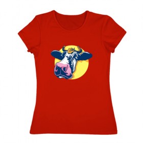 Женская футболка хлопок с принтом Корова в Кировске, 100% хлопок | прямой крой, круглый вырез горловины, длина до линии бедер, слегка спущенное плечо | 