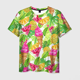 Мужская футболка 3D с принтом Летнее настроение в Кировске, 100% полиэфир | прямой крой, круглый вырез горловины, длина до линии бедер | summer | зелень | листья | море | пляж | тропики | фруткты | цветы
