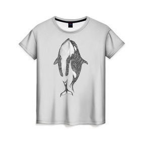 Женская футболка 3D с принтом Киты в Кировске, 100% полиэфир ( синтетическое хлопкоподобное полотно) | прямой крой, круглый вырез горловины, длина до линии бедер | арт | касатка | касатки | кит | море | океан | рисунок | узор