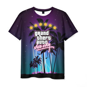 Мужская футболка 3D с принтом GTA Vice City в Кировске, 100% полиэфир | прямой крой, круглый вырез горловины, длина до линии бедер | 5 звезд | auto | grand | gta | theft | vice city |   лето | вай сити | вертолеты | гта | звезды | логотип | надпись | пальмы | пляжная | рисунок | розыск | рубашка | томми версетти