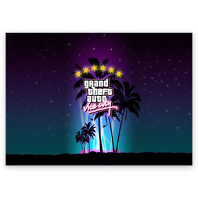 Поздравительная открытка с принтом GTA Vice City в Кировске, 100% бумага | плотность бумаги 280 г/м2, матовая, на обратной стороне линовка и место для марки
 | 5 звезд | auto | grand | gta | theft | vice city |   лето | вай сити | вертолеты | гта | звезды | логотип | надпись | пальмы | пляжная | рисунок | розыск | рубашка | томми версетти