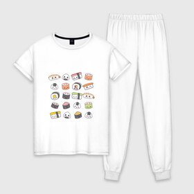 Женская пижама хлопок с принтом Sushi в Кировске, 100% хлопок | брюки и футболка прямого кроя, без карманов, на брюках мягкая резинка на поясе и по низу штанин | anime | fastfood | food | japan | roll | sushi | susi | аниме | роллы | суши | фастфуд | япония