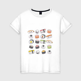 Женская футболка хлопок с принтом Sushi в Кировске, 100% хлопок | прямой крой, круглый вырез горловины, длина до линии бедер, слегка спущенное плечо | Тематика изображения на принте: anime | fastfood | food | japan | roll | sushi | susi | аниме | роллы | суши | фастфуд | япония