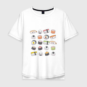 Мужская футболка хлопок Oversize с принтом Sushi в Кировске, 100% хлопок | свободный крой, круглый ворот, “спинка” длиннее передней части | anime | fastfood | food | japan | roll | sushi | susi | аниме | роллы | суши | фастфуд | япония