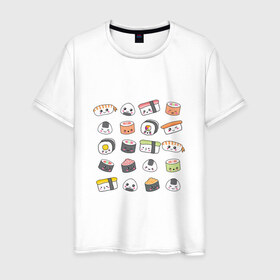 Мужская футболка хлопок с принтом Sushi в Кировске, 100% хлопок | прямой крой, круглый вырез горловины, длина до линии бедер, слегка спущенное плечо. | Тематика изображения на принте: anime | fastfood | food | japan | roll | sushi | susi | аниме | роллы | суши | фастфуд | япония