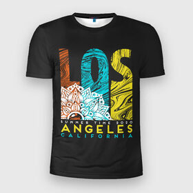 Мужская футболка 3D спортивная с принтом Los Angeles California Surfing в Кировске, 100% полиэстер с улучшенными характеристиками | приталенный силуэт, круглая горловина, широкие плечи, сужается к линии бедра | Тематика изображения на принте: 