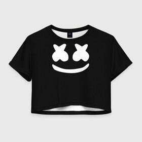 Женская футболка 3D укороченная с принтом Marshmello black в Кировске, 100% полиэстер | круглая горловина, длина футболки до линии талии, рукава с отворотами | dj | dj marshmello | marshmello | клуб | клубная музыка | музыка