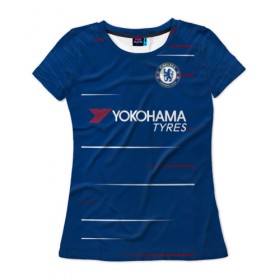 Женская футболка 3D с принтом Chelsea home 18-19 в Кировске, 100% полиэфир ( синтетическое хлопкоподобное полотно) | прямой крой, круглый вырез горловины, длина до линии бедер | apl | champions | chelsea | home | league | англия | домашняя | лига | челси | чемпионов