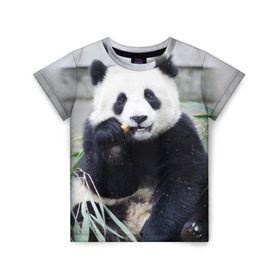 Детская футболка 3D с принтом Большая панда в Кировске, 100% гипоаллергенный полиэфир | прямой крой, круглый вырез горловины, длина до линии бедер, чуть спущенное плечо, ткань немного тянется | бамбук | белый | джунгли | дикое | животное | китай | лес | медведь | черный