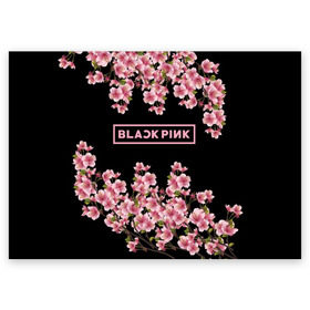 Поздравительная открытка с принтом BlackPink sakura в Кировске, 100% бумага | плотность бумаги 280 г/м2, матовая, на обратной стороне линовка и место для марки
 | Тематика изображения на принте: black  pink | blackpink | jennie | jisoo | k pop | lalisa | sakura | группа | к поп | корейская группа | розовый | сакура | черный