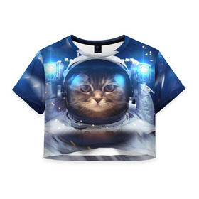 Женская футболка Cropp-top с принтом КОТ АСТРОНАВТ в Кировске, 100% полиэстер | круглая горловина, длина футболки до линии талии, рукава с отворотами | astronaut | cat | space | животные | космос | кот | кот астронавт