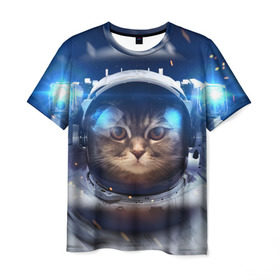 Мужская футболка 3D с принтом КОТ АСТРОНАВТ в Кировске, 100% полиэфир | прямой крой, круглый вырез горловины, длина до линии бедер | Тематика изображения на принте: astronaut | cat | space | животные | космос | кот | кот астронавт