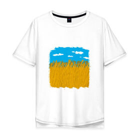 Мужская футболка хлопок Oversize с принтом Украина в колосьях в Кировске, 100% хлопок | свободный крой, круглый ворот, “спинка” длиннее передней части | жёлтый | колосья | небо | облака | пиксельный | поле | синий