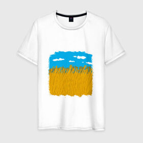 Мужская футболка хлопок с принтом Украина в колосьях в Кировске, 100% хлопок | прямой крой, круглый вырез горловины, длина до линии бедер, слегка спущенное плечо. | жёлтый | колосья | небо | облака | пиксельный | поле | синий