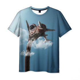 Мужская футболка 3D с принтом Жираф и самолет в Кировске, 100% полиэфир | прямой крой, круглый вырез горловины, длина до линии бедер | животные | жираф | небо | облака | природа | самолет | солнце | юмор