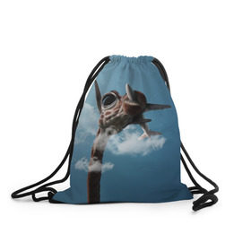 Рюкзак-мешок 3D с принтом Жираф и самолет в Кировске, 100% полиэстер | плотность ткани — 200 г/м2, размер — 35 х 45 см; лямки — толстые шнурки, застежка на шнуровке, без карманов и подкладки | Тематика изображения на принте: животные | жираф | небо | облака | природа | самолет | солнце | юмор