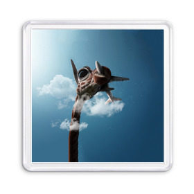 Магнит 55*55 с принтом Жираф и самолет в Кировске, Пластик | Размер: 65*65 мм; Размер печати: 55*55 мм | Тематика изображения на принте: животные | жираф | небо | облака | природа | самолет | солнце | юмор