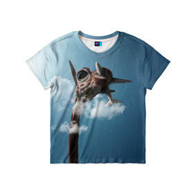 Детская футболка 3D с принтом Жираф и самолет в Кировске, 100% гипоаллергенный полиэфир | прямой крой, круглый вырез горловины, длина до линии бедер, чуть спущенное плечо, ткань немного тянется | Тематика изображения на принте: животные | жираф | небо | облака | природа | самолет | солнце | юмор