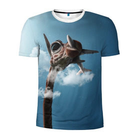 Мужская футболка 3D спортивная с принтом Жираф и самолет в Кировске, 100% полиэстер с улучшенными характеристиками | приталенный силуэт, круглая горловина, широкие плечи, сужается к линии бедра | Тематика изображения на принте: животные | жираф | небо | облака | природа | самолет | солнце | юмор