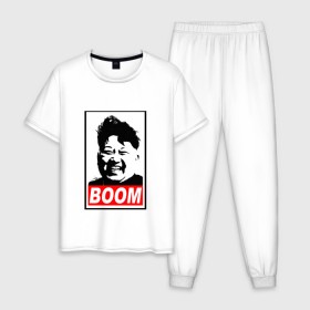 Мужская пижама хлопок с принтом BOOM КИМ ЧЕН ЫН в Кировске, 100% хлопок | брюки и футболка прямого кроя, без карманов, на брюках мягкая резинка на поясе и по низу штанин
 | boom | kim chen eun | mems | ким чен ын | кнр | мемы | северная корея | ядерные ракеты