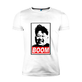Мужская футболка премиум с принтом BOOM КИМ ЧЕН ЫН в Кировске, 92% хлопок, 8% лайкра | приталенный силуэт, круглый вырез ворота, длина до линии бедра, короткий рукав | boom | kim chen eun | mems | ким чен ын | кнр | мемы | северная корея | ядерные ракеты