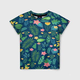 Детская футболка 3D с принтом Тропики в Кировске, 100% гипоаллергенный полиэфир | прямой крой, круглый вырез горловины, длина до линии бедер, чуть спущенное плечо, ткань немного тянется | jungle | деревья | джунгли | зелень | кусты | лес | мох | океан | пальмы | пляж | тропики | экзотика