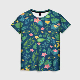 Женская футболка 3D с принтом Тропики в Кировске, 100% полиэфир ( синтетическое хлопкоподобное полотно) | прямой крой, круглый вырез горловины, длина до линии бедер | jungle | деревья | джунгли | зелень | кусты | лес | мох | океан | пальмы | пляж | тропики | экзотика