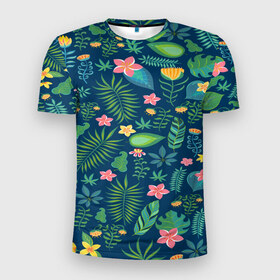 Мужская футболка 3D спортивная с принтом Тропики в Кировске, 100% полиэстер с улучшенными характеристиками | приталенный силуэт, круглая горловина, широкие плечи, сужается к линии бедра | jungle | деревья | джунгли | зелень | кусты | лес | мох | океан | пальмы | пляж | тропики | экзотика