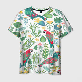 Мужская футболка 3D с принтом Попугаи в Кировске, 100% полиэфир | прямой крой, круглый вырез горловины, длина до линии бедер | jungle | деревья | джунгли | зелень | кусты | лес | мох | океан | пальмы | пляж | тропики | экзотика