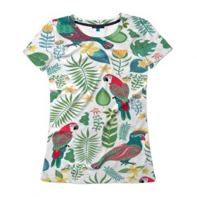 Женская футболка 3D с принтом Попугаи в Кировске, 100% полиэфир ( синтетическое хлопкоподобное полотно) | прямой крой, круглый вырез горловины, длина до линии бедер | jungle | деревья | джунгли | зелень | кусты | лес | мох | океан | пальмы | пляж | тропики | экзотика