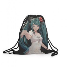 Рюкзак-мешок 3D с принтом Hatsune Miku в Кировске, 100% полиэстер | плотность ткани — 200 г/м2, размер — 35 х 45 см; лямки — толстые шнурки, застежка на шнуровке, без карманов и подкладки | Тематика изображения на принте: hatsune miku | аниме | вокалоид | девушки | манга | мульт | оружие | певица | сёдзё | сериал | хатсуне мику | япония