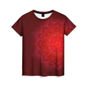 Женская футболка 3D с принтом Красная мандала в Кировске, 100% полиэфир ( синтетическое хлопкоподобное полотно) | прямой крой, круглый вырез горловины, длина до линии бедер | символ | узор | цветок