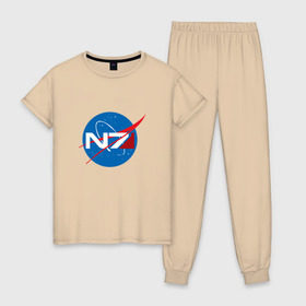 Женская пижама хлопок с принтом NASA N7 MASS EFFECT в Кировске, 100% хлопок | брюки и футболка прямого кроя, без карманов, на брюках мягкая резинка на поясе и по низу штанин | Тематика изображения на принте: logo | n7 | nasa | space | логотип | масс эффект | н7 | наса