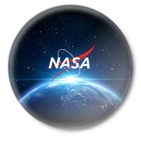 Значок с принтом NASA в Кировске,  металл | круглая форма, металлическая застежка в виде булавки | galaxy | nasa | planet | star | астрономия | галактика | звезды | космос | надписи | наса | планета