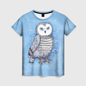Женская футболка 3D с принтом Полярная сова в Кировске, 100% полиэфир ( синтетическое хлопкоподобное полотно) | прямой крой, круглый вырез горловины, длина до линии бедер | зима | ночной охотник | синий | снег