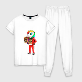 Женская пижама хлопок с принтом 69 rainbow в Кировске, 100% хлопок | брюки и футболка прямого кроя, без карманов, на брюках мягкая резинка на поясе и по низу штанин | 6ix9ine | единорог | пони