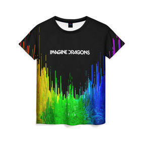 Женская футболка 3D с принтом IMAGINE DRAGONS в Кировске, 100% полиэфир ( синтетическое хлопкоподобное полотно) | прямой крой, круглый вырез горловины, длина до линии бедер | color | imagine dragons | logo | stripes | trend | абстракция | группа | линии | лого | рок | рэп | фирменные цвета