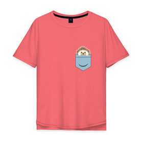 Мужская футболка хлопок Oversize с принтом Ёжик в кармане в Кировске, 100% хлопок | свободный крой, круглый ворот, “спинка” длиннее передней части | еж | ёжик | ёжик в кармане | лес