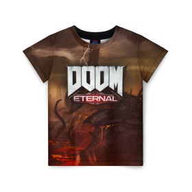 Детская футболка 3D с принтом DOOM Eternal в Кировске, 100% гипоаллергенный полиэфир | прямой крой, круглый вырез горловины, длина до линии бедер, чуть спущенное плечо, ткань немного тянется | Тематика изображения на принте: doom | doomguy | slayer | вечный | дум | думгай | палач рока